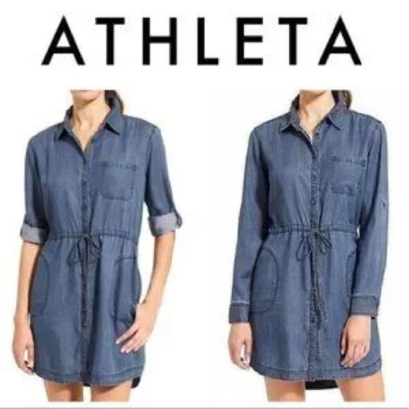 Athleta chambray long sleeve button up dress size small - Picture 2 of 10